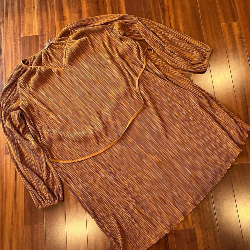 C Est. 1946 Dress Orange Brown Pleated 3/4 Sleeve Tie Belt Plus Size 22 / 24W